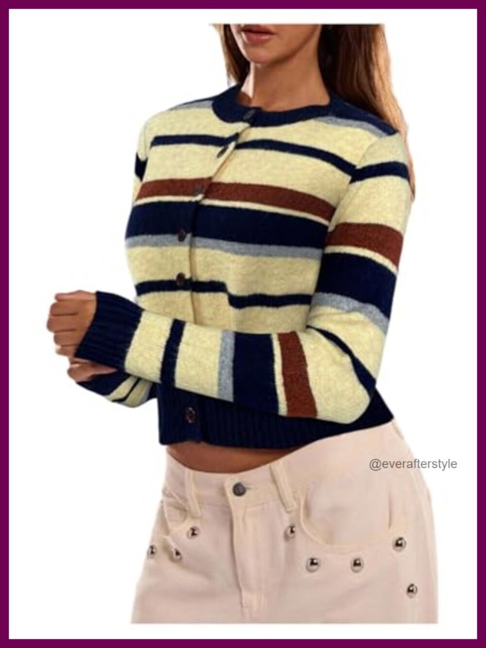 Cropped Cardigan Women's Button Up Striped Knit Retro Fall Sweater
